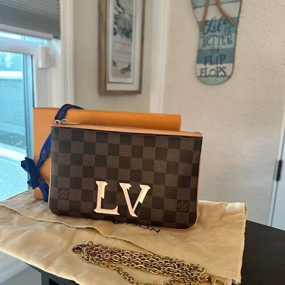 Louis Vuitton Double Zip Pink Leather Women's Bag Pouch WOC Pouchette crossbody - Picture 1 of 15